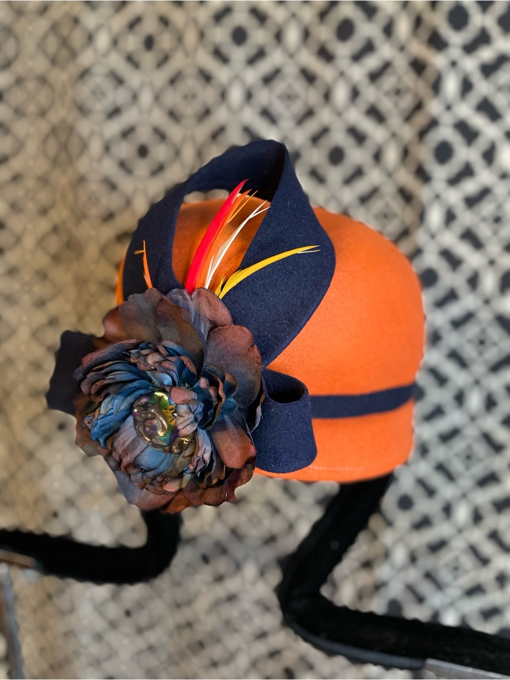 Orange and Navy Fascinator Hat with Floral Accent